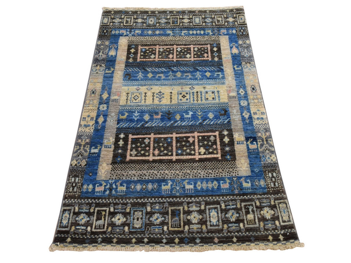 Gabbeh Tribal hand-knotted wool rug in Blue, 2'10" x 4'10", SKU O078865