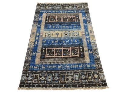 Gabbeh Tribal hand-knotted wool rug in Blue, 2'10" x 4'10", SKU O078865