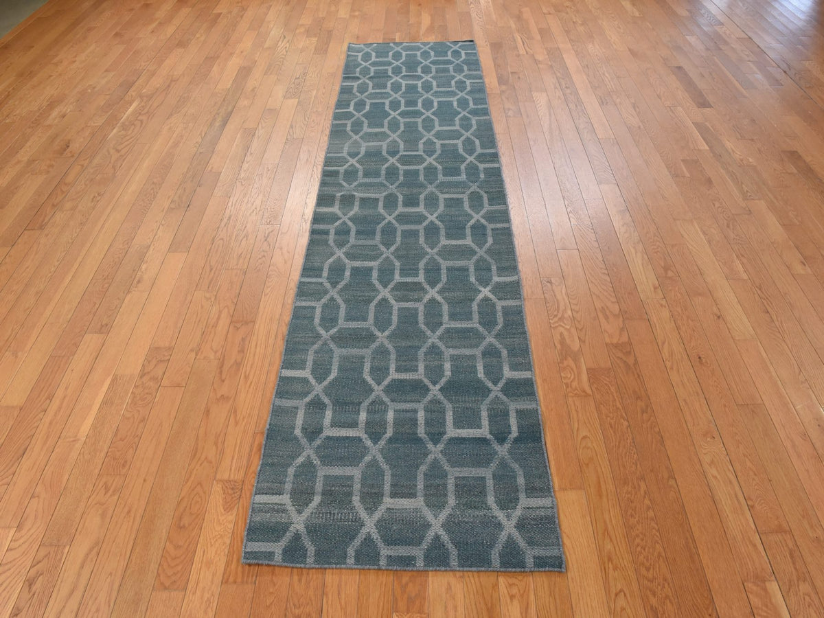 Kilim Flatweave hand-knotted wool runner in Green, 2'7" x 9'8", SKU O078885 (view 2)