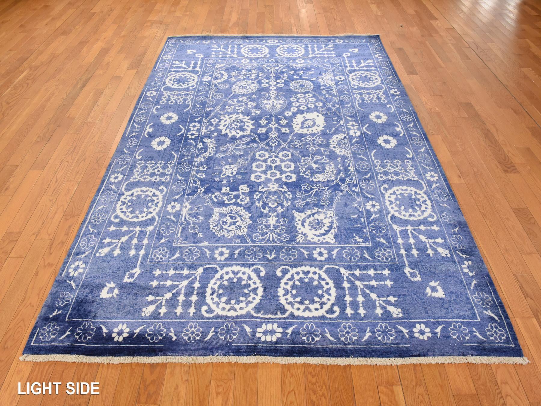 Tabriz Transitional hand-knotted wool/silk rug in Blue, 6'2" x 9', SKU O078892 (view 3)