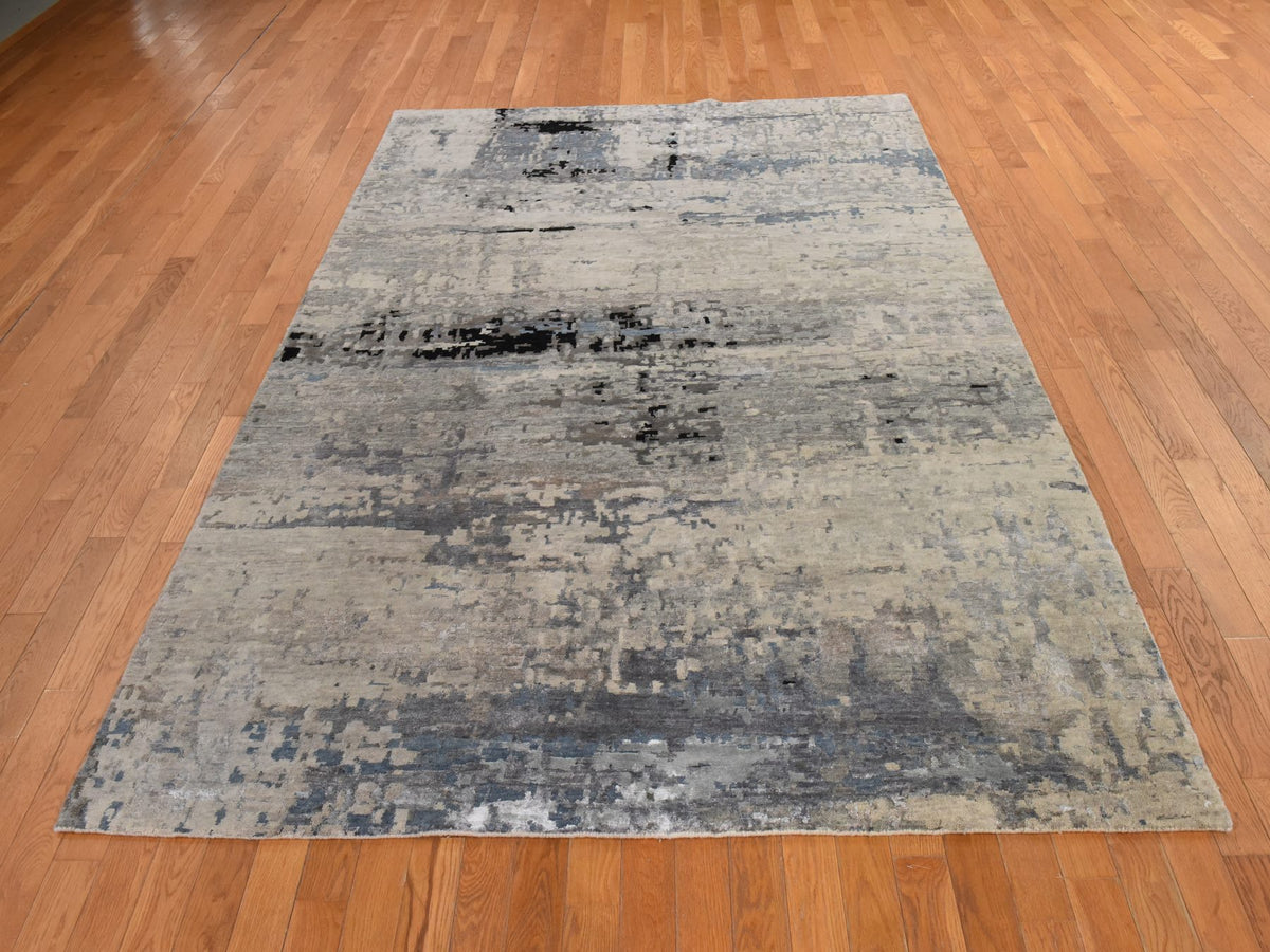 Modern / Contemporary hand-knotted wool/silk rug in Beige, 6'3" x 8'10", SKU O078896 (view 2)