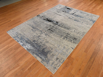 Modern / Contemporary hand-knotted wool/silk rug in Beige, 6'3" x 8'10", SKU O078896 (view 4)