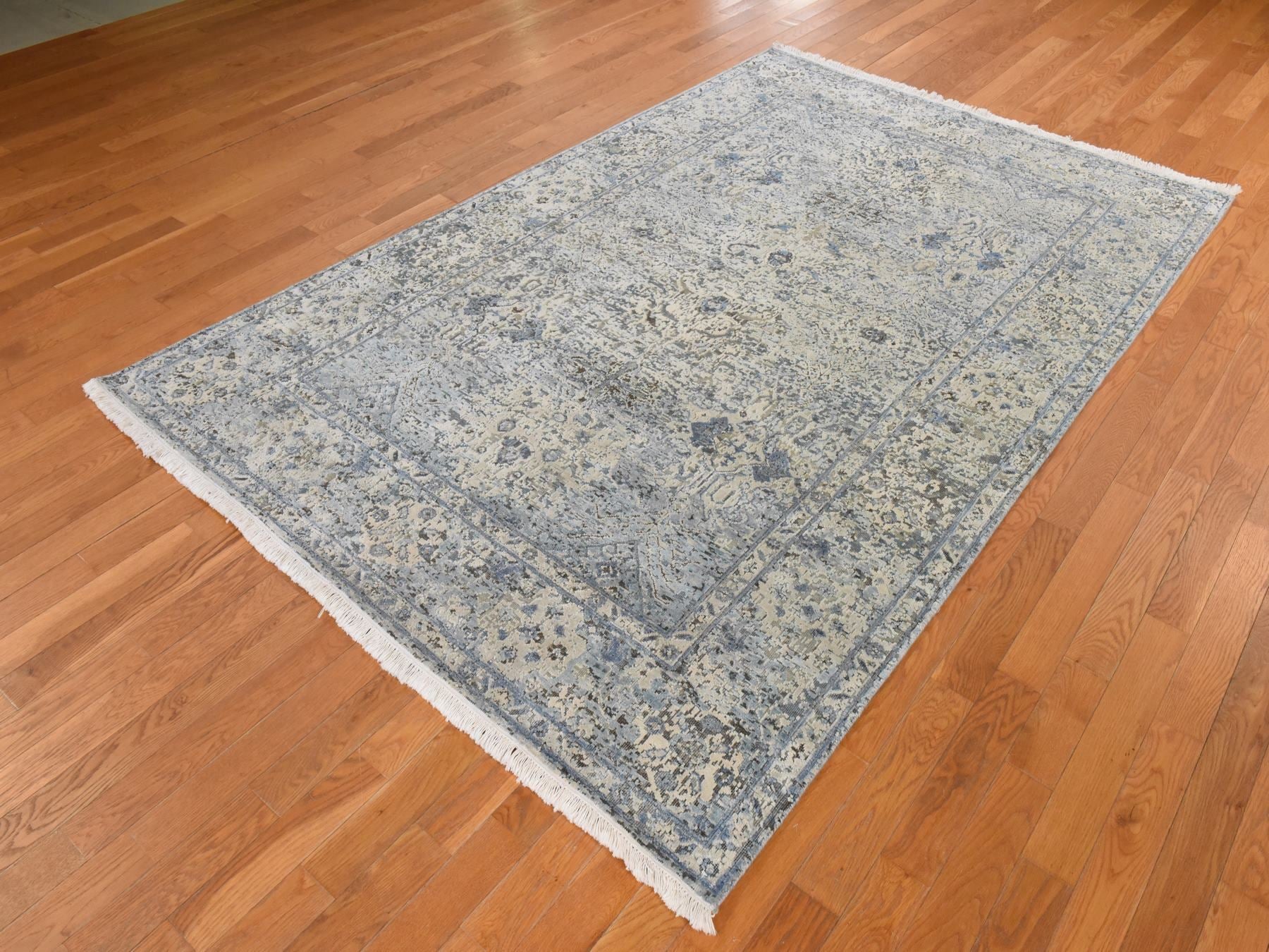 Oushak Transitional hand-knotted wool/silk rug in Ivory, 6' x 9'3", SKU O078899 (view 4)