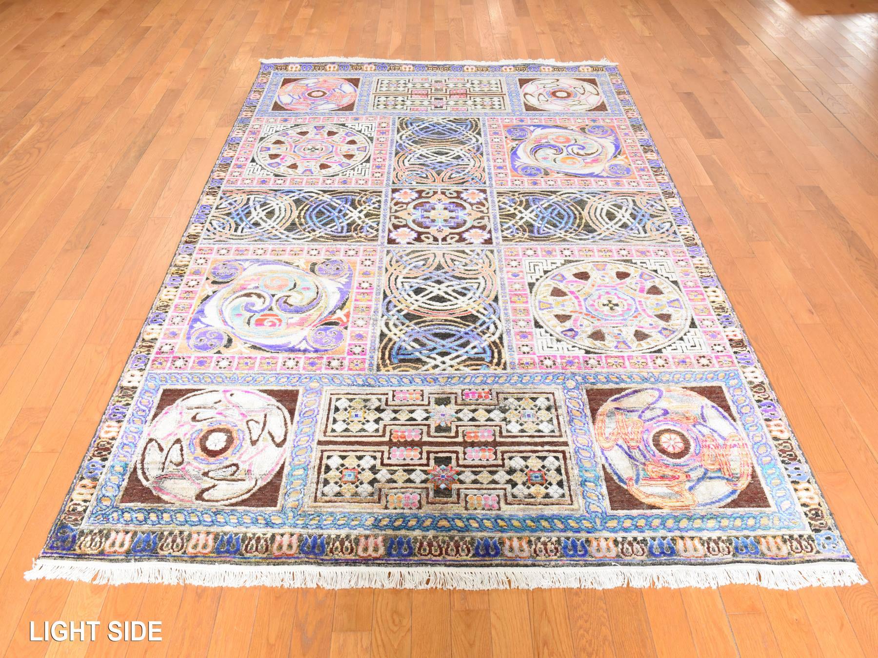 Modern / Contemporary hand-knotted silk rug in Brown, 6'1" x 9', SKU O078903 (view 3)