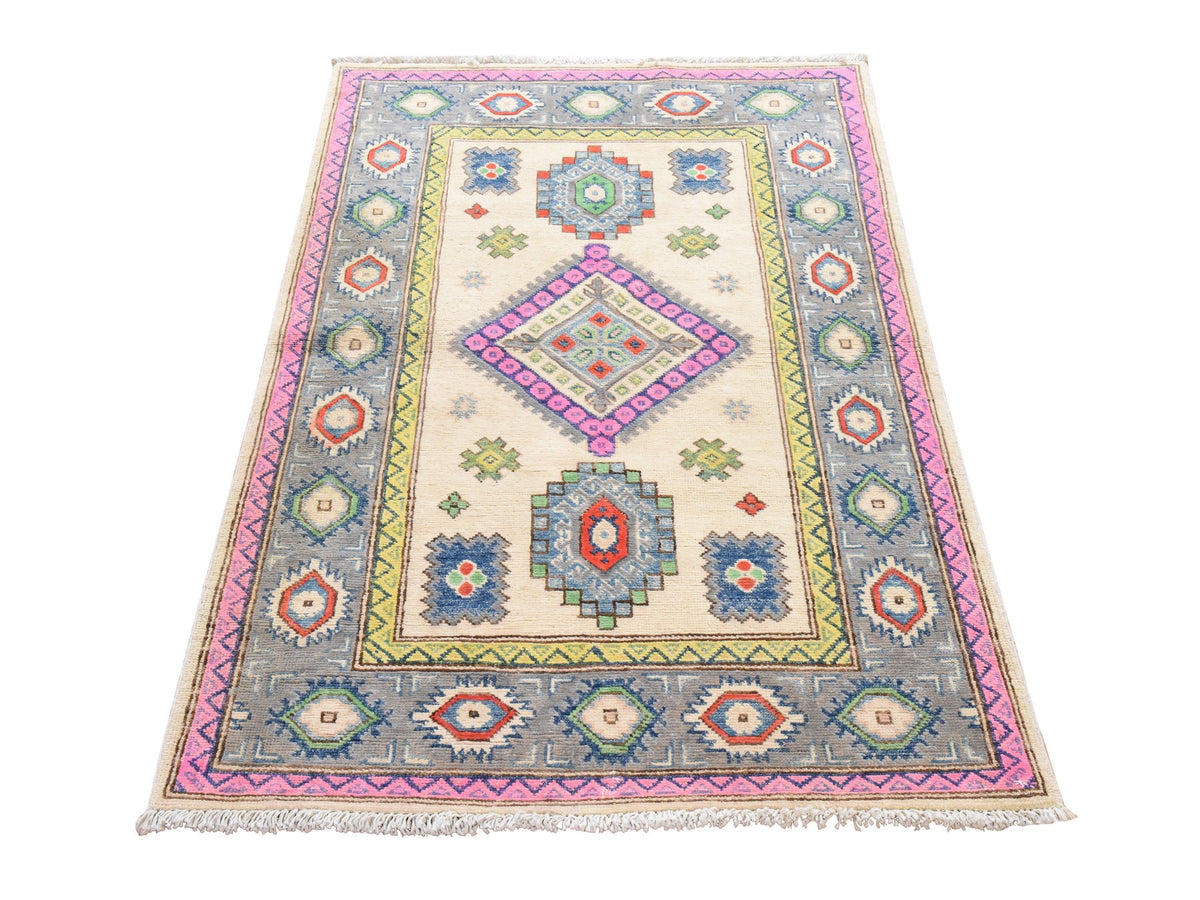 Kazak Khotan hand-knotted wool rug in Ivory, 3'1" x 4'9", SKU O078904