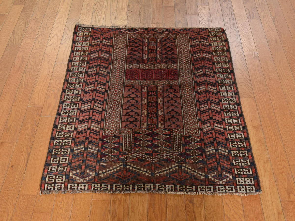 Antique hand-knotted wool rug in Red, 3'3" x 3'6", SKU O078915 (view 2)