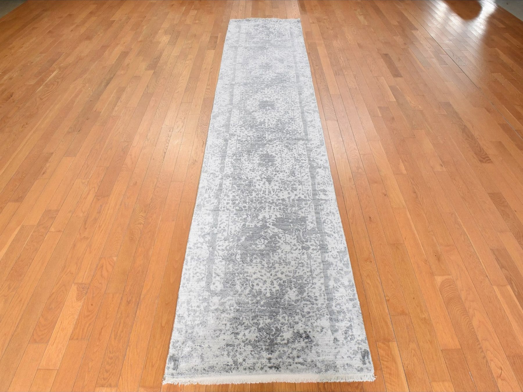 Persian Transitional hand-knotted wool/silk runner in Gray, 2'7" x 12', SKU O078934 (view 2)