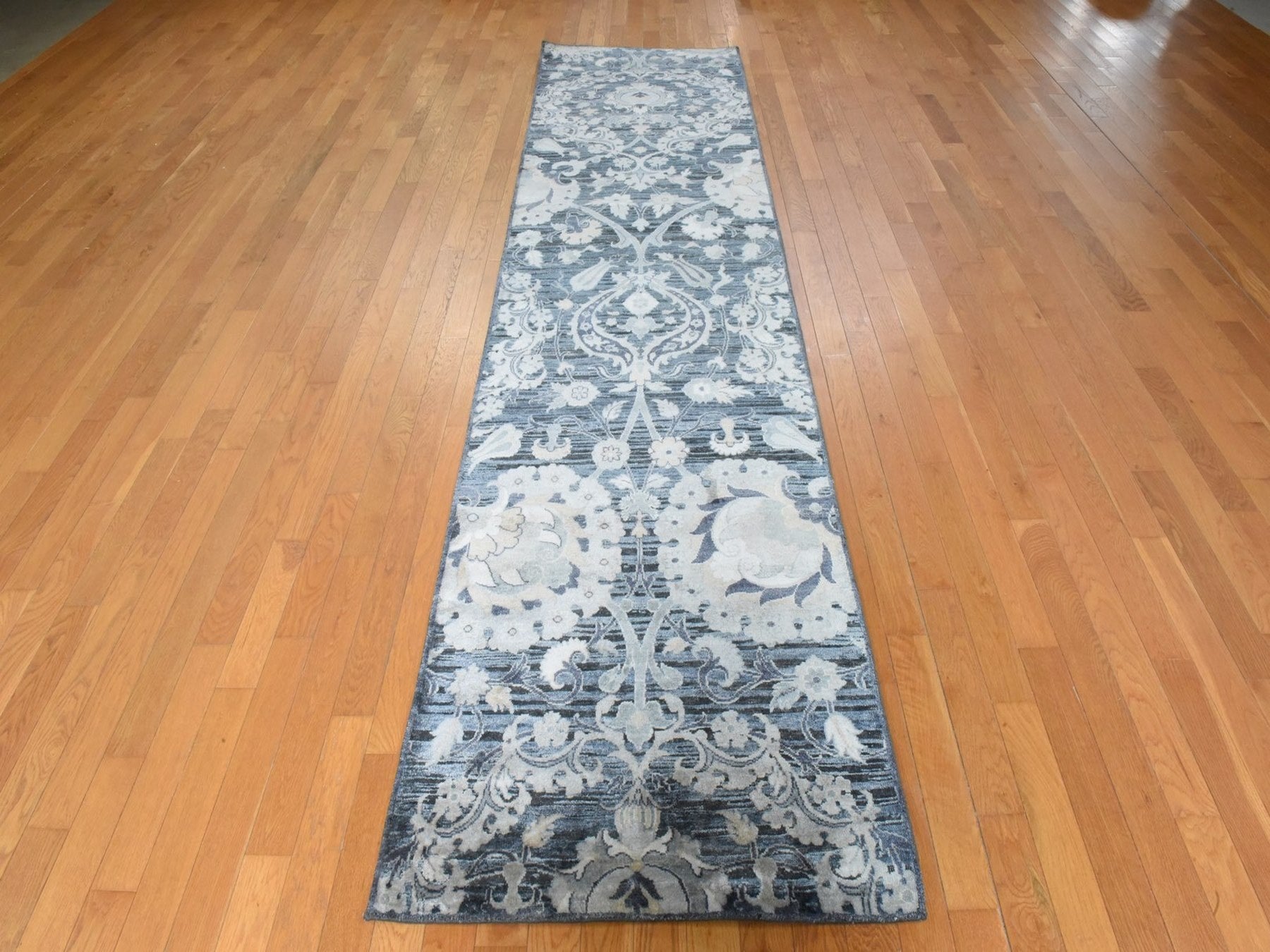  hand-knotted wool/silk runner in Gray, 3' x 12'2", SKU O078940 (view 2)