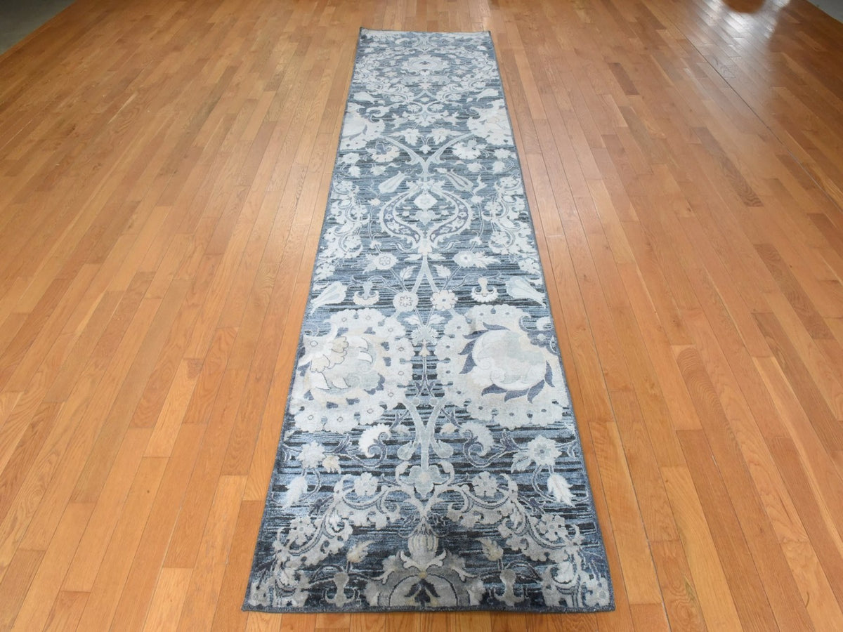  hand-knotted wool/silk runner in Gray, 3' x 12'2", SKU O078940 (view 2)