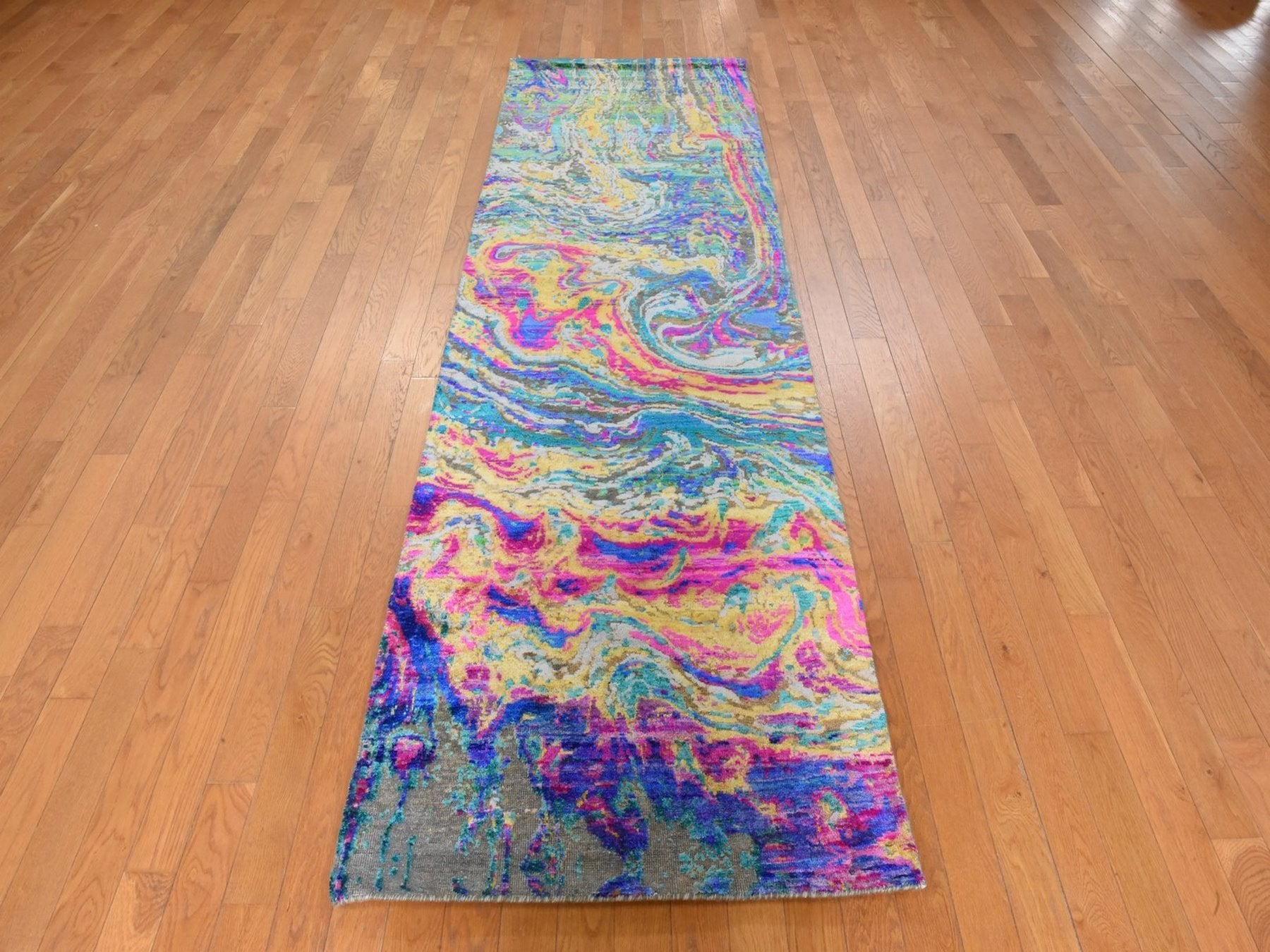 Transitional hand-knotted wool/silk runner in Multicolored, 3' x 10', SKU O078941 (view 2)
