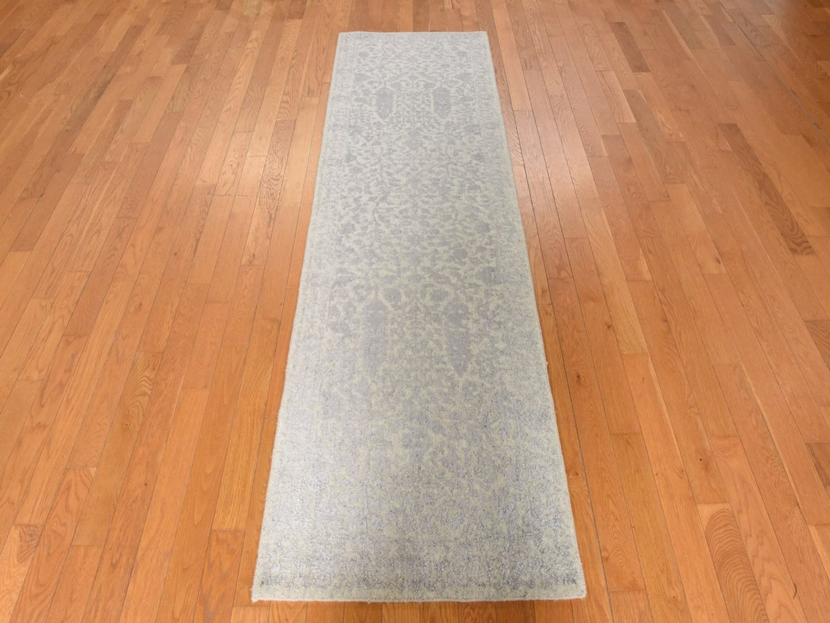 Modern / Contemporary hand-knotted wool/silk runner in Gray, 2'5" x 8', SKU O078950 (view 2)