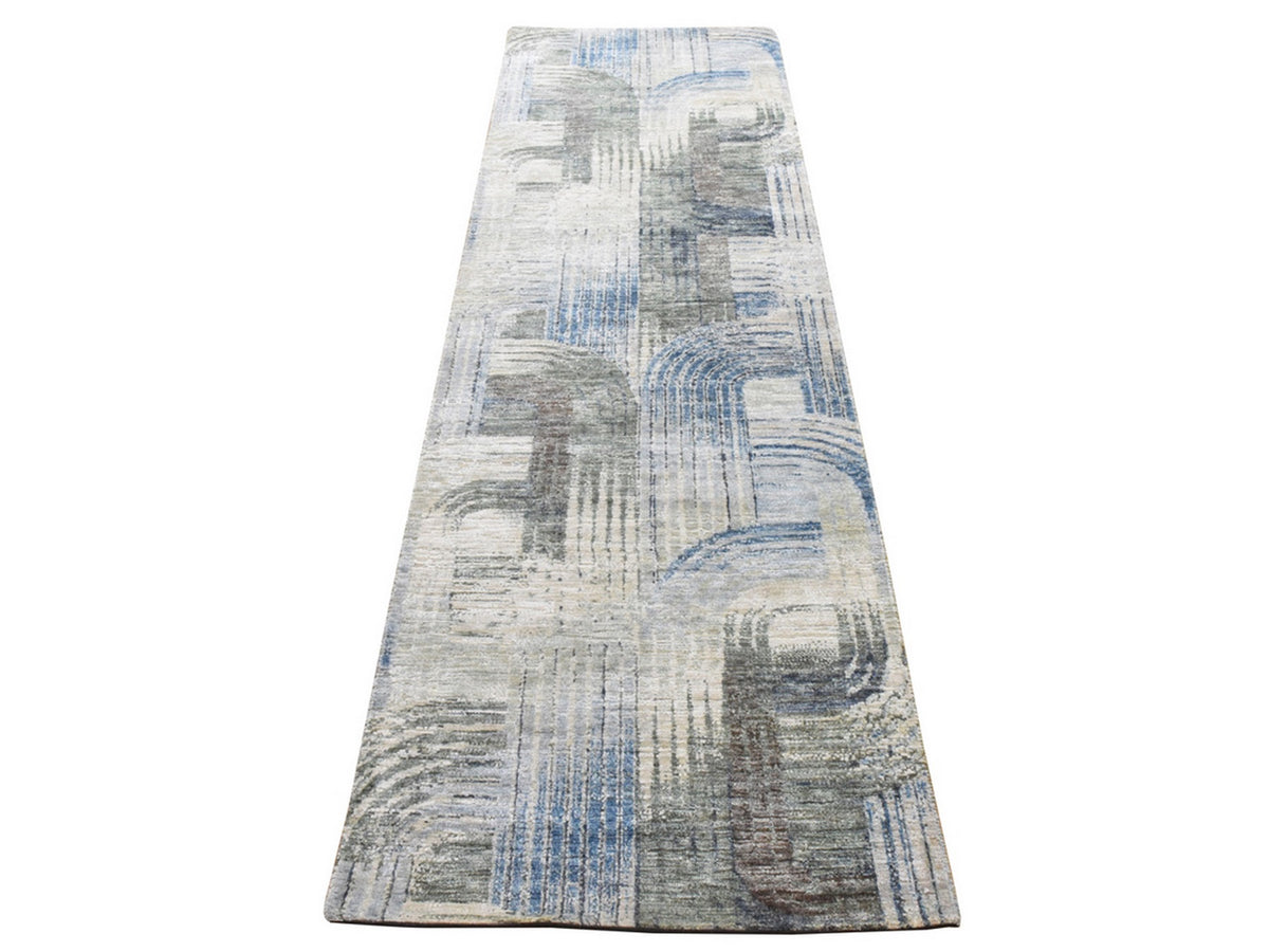 Modern / Contemporary hand-knotted wool/silk runner in Ivory, 2'6" x 8'6", SKU O078952