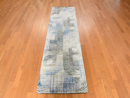 Modern / Contemporary hand-knotted wool/silk runner in Ivory, 2'6" x 8'6", SKU O078952 (view 2)