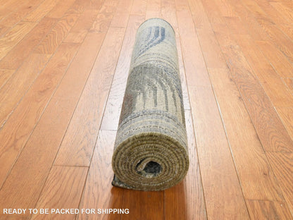 Modern / Contemporary hand-knotted wool/silk runner in Ivory, 2'6" x 8'6", SKU O078952 (view 7)