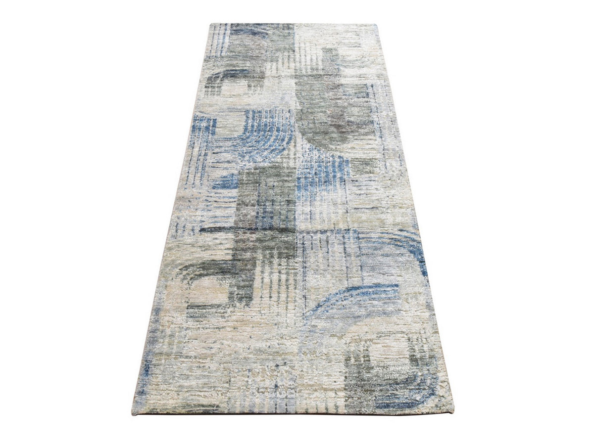 Modern / Contemporary hand-knotted wool/silk runner in Ivory, 2'8" x 6'1", SKU O078953