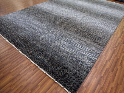 Black 12'2" x 18'0" Modern and Contemporary Hand knotted Wool Rug - Sku: O079001