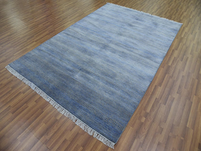 Blue 6'1" x 9'1" Modern and Contemporary Hand knotted Wool/Silk Rug - Sku: O079122