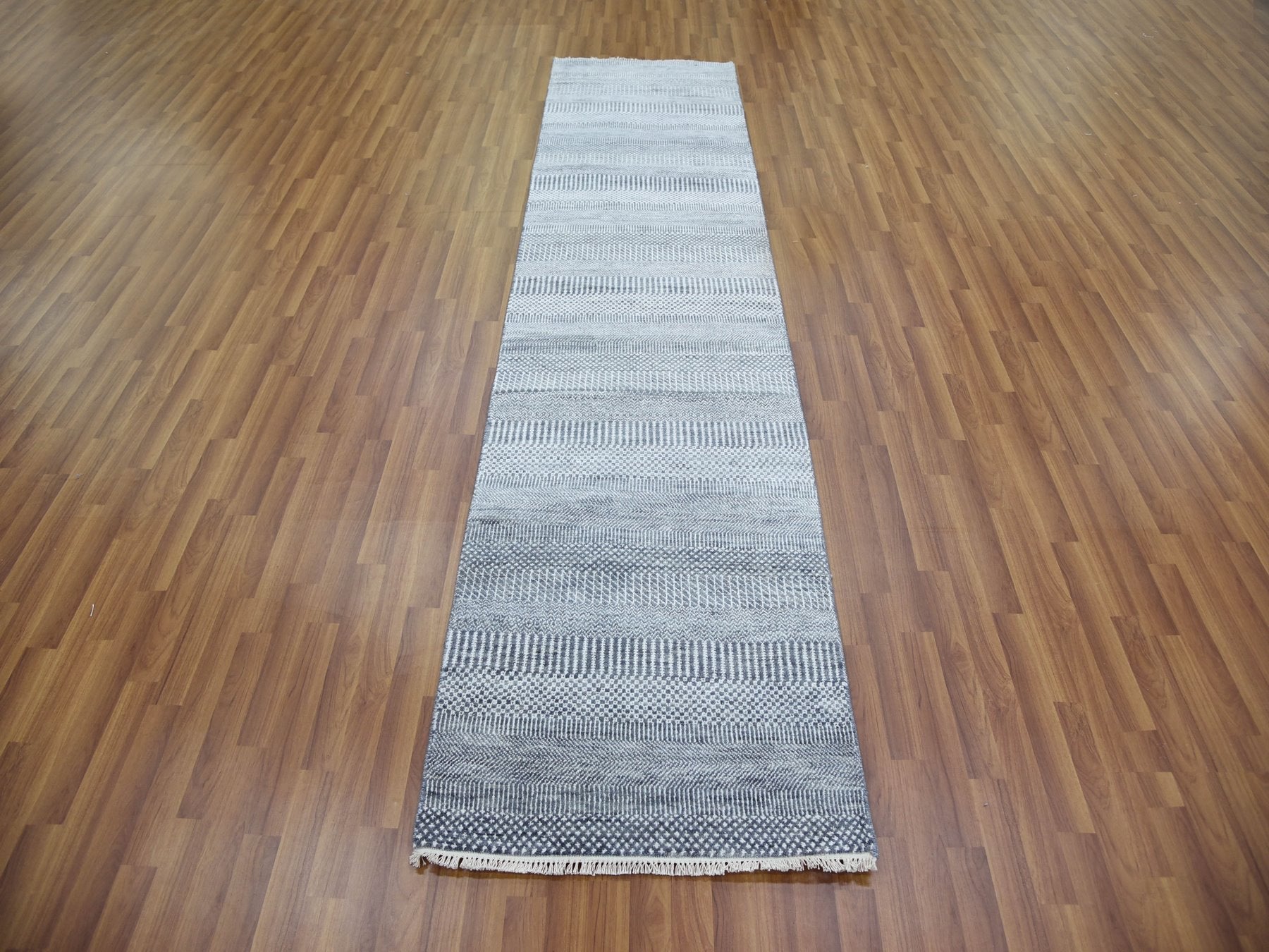 Gabbeh Modern / Contemporary hand-knotted wool/silk runner in Gray, 2'10" x 10'2" — SKU O079147 (view 2)