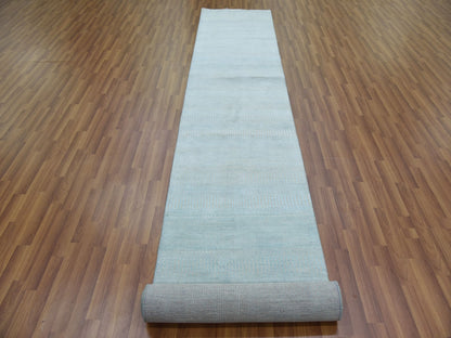 Blue 2'8" x 15'0" Modern and Contemporary Hand knotted Wool/Silk Rug - Sku: O079152