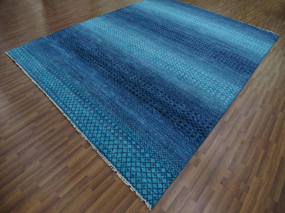 Blue 9'1" x 11'8" Modern and Contemporary Hand knotted Wool Rug - Sku: O079227
