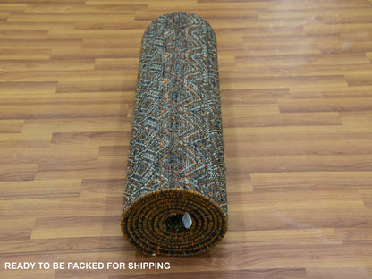 Brown 2'6" x 12'0" Modern / Contemporary Hand knotted Wool Rug - Sku: O079487