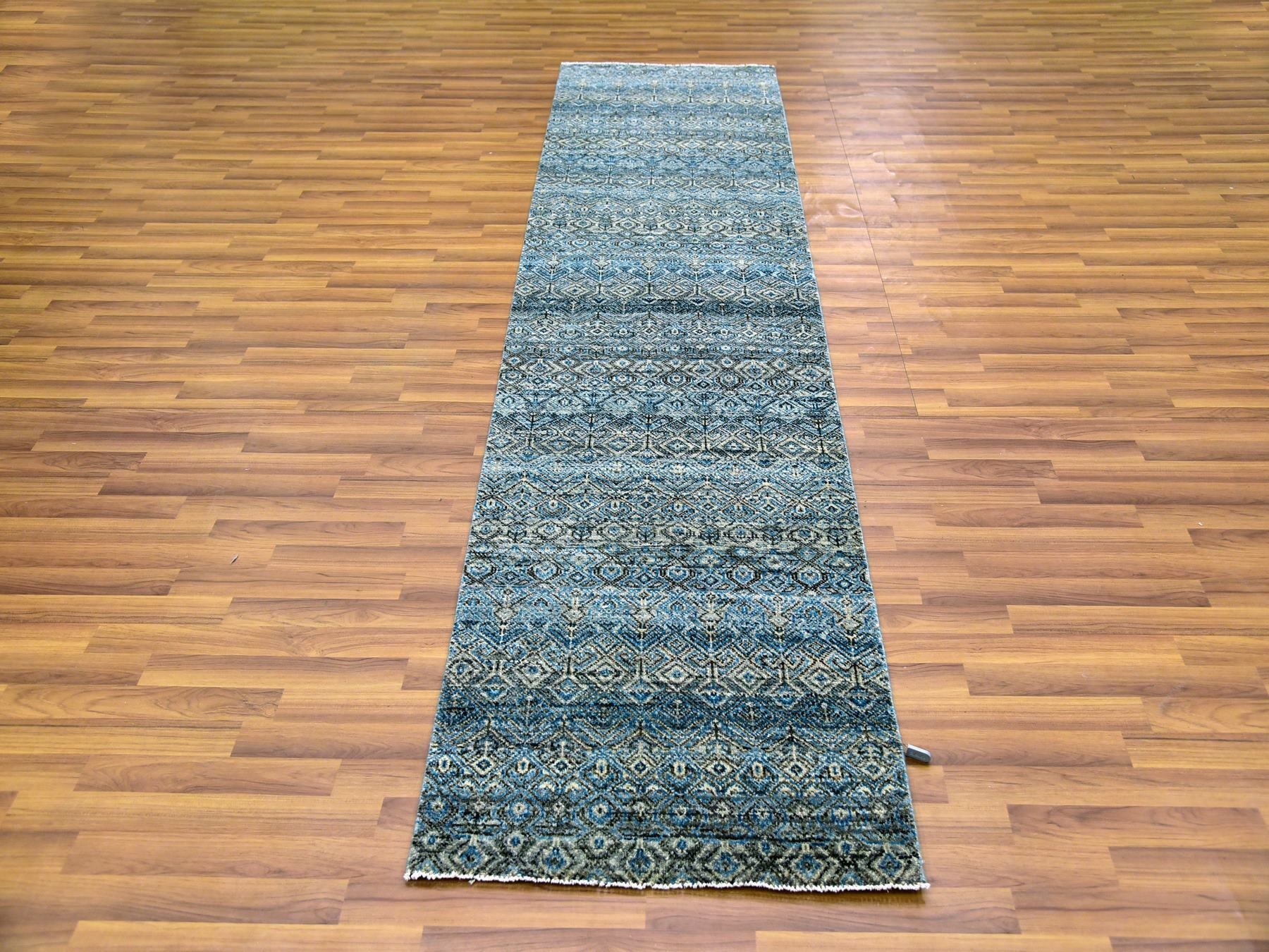 Blue 2'6" x 10'0" Modern / Contemporary Hand knotted Wool Rug - Sku: O079493