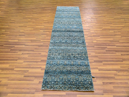 Blue 2'6" x 10'0" Modern and Contemporary Hand knotted Wool Rug - Sku: O079493