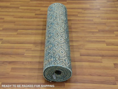 Blue 2'6" x 10'0" Modern and Contemporary Hand knotted Wool Rug - Sku: O079493