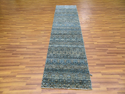 Blue 2'6" x 10'0" Modern and Contemporary Hand knotted Wool Rug - Sku: O079494