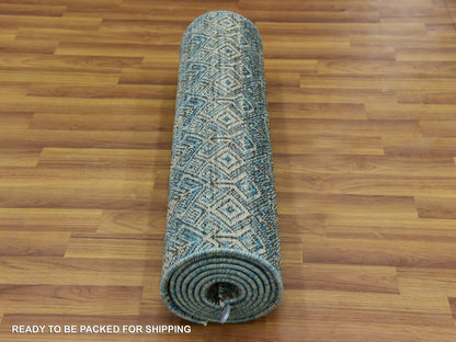 Blue 2'6" x 10'0" Modern and Contemporary Hand knotted Wool Rug - Sku: O079494