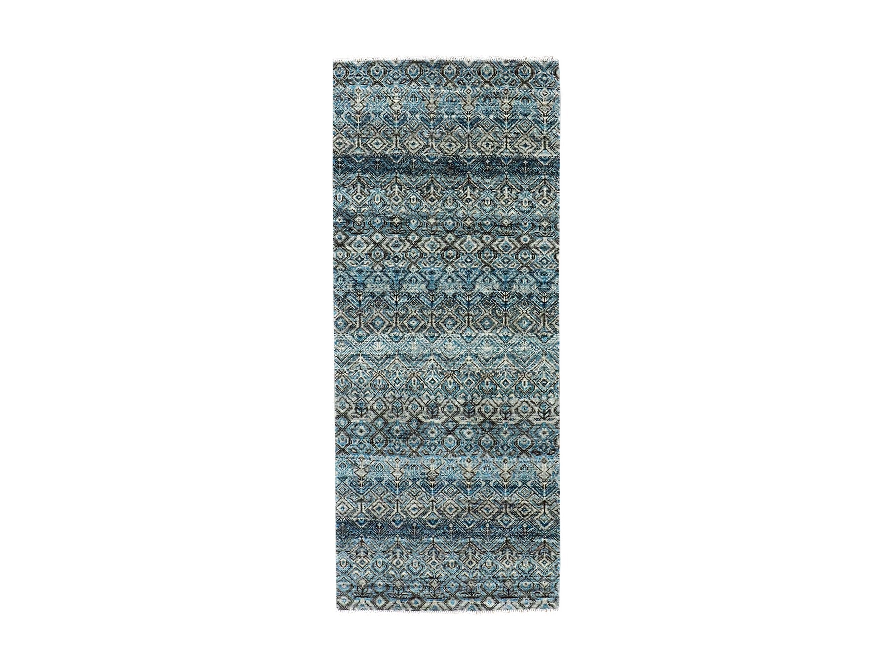 Blue 2'6" x 6'2" Modern / Contemporary Hand knotted Wool Rug - Sku: O079497