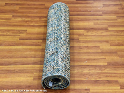 Blue 2'6" x 6'2" Modern and Contemporary Hand knotted Wool Rug - Sku: O079497