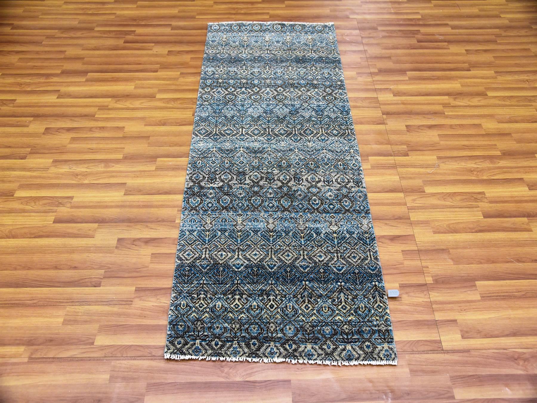 Blue 2'6" x 6'1" Modern / Contemporary Hand knotted Wool Rug - Sku: O079498