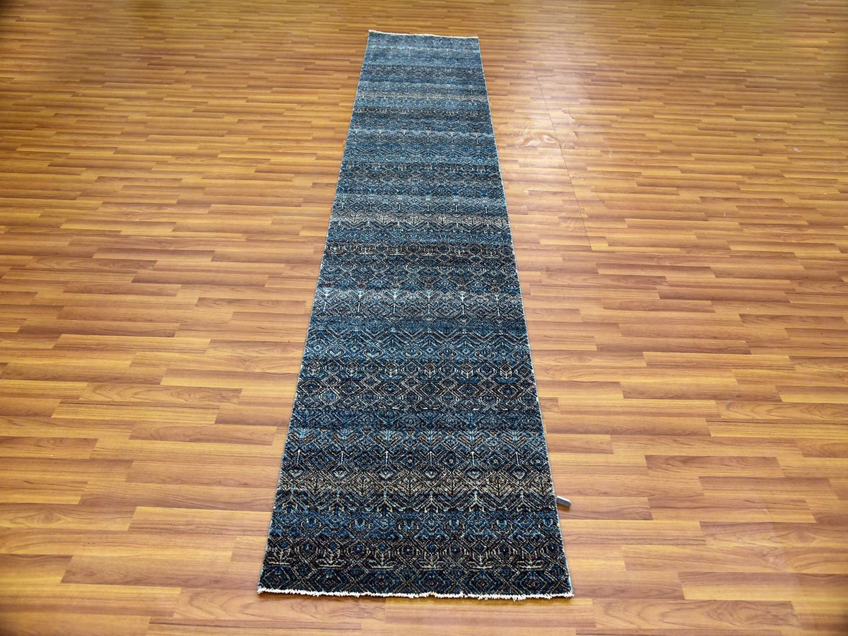 Modern / Contemporary hand-knotted wool runner in Blue, 2'5" x 12' — SKU O079499 (view 2)
