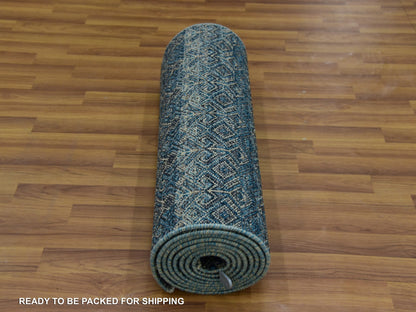 Blue 2'5" x 12'0" Modern and Contemporary Hand knotted Wool Rug - Sku: O079499