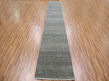 Grey 2'5" x 15'10" Modern / Contemporary Hand knotted Wool Rug - Sku: O079583