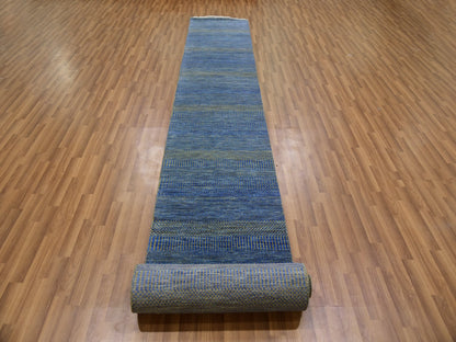 Blue 2'5" x 20'0" Modern and Contemporary Hand knotted Wool Rug - Sku: O079618