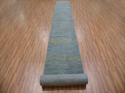 Blue 2'6" x 20'0" Modern and Contemporary Hand knotted Wool Rug - Sku: O079622
