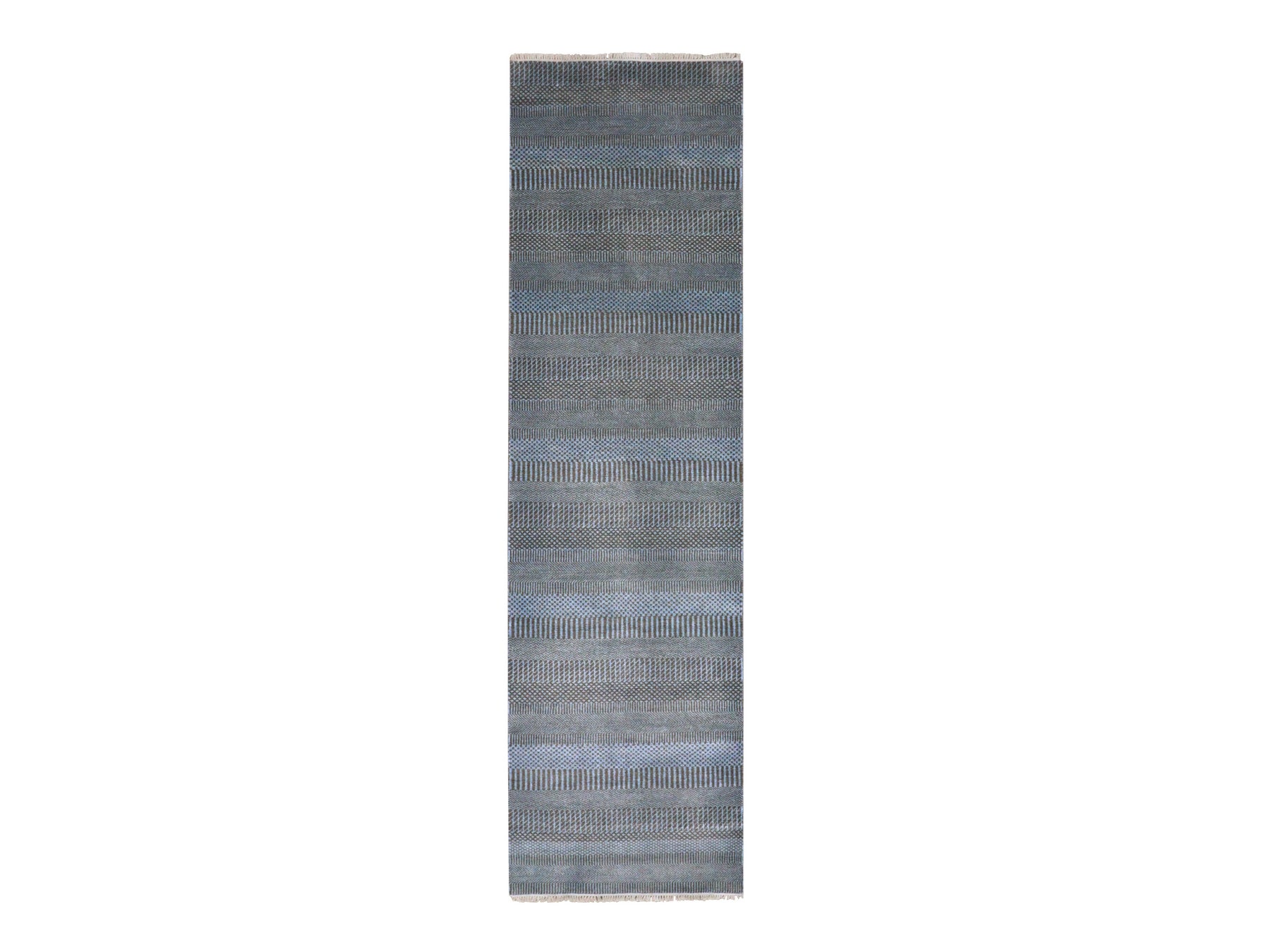Blue 2'7" x 9'6" Modern / Contemporary Hand knotted Wool/Silk Rug - Sku: O079623
