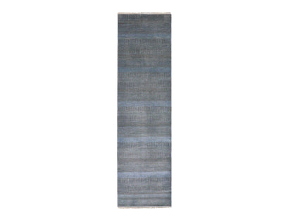 Blue 2'7" x 9'6" Modern and Contemporary Hand knotted Wool/Silk Rug - Sku: O079623