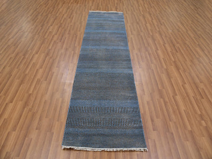 Blue 2'7" x 9'6" Modern and Contemporary Hand knotted Wool/Silk Rug - Sku: O079623