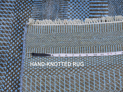 Blue 2'7" x 9'6" Modern and Contemporary Hand knotted Wool/Silk Rug - Sku: O079623