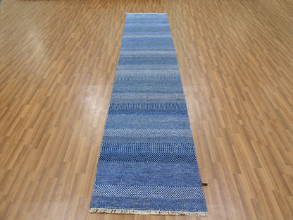 Blue 2'7" x 11'11" Modern and Contemporary Hand knotted Wool/Silk Rug - Sku: O079624