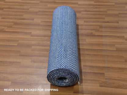 Blue 2'7" x 11'11" Modern and Contemporary Hand knotted Wool/Silk Rug - Sku: O079624