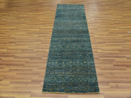 Modern / Contemporary hand-knotted wool runner in Green, 2'6" x 8'0", SKU O079670