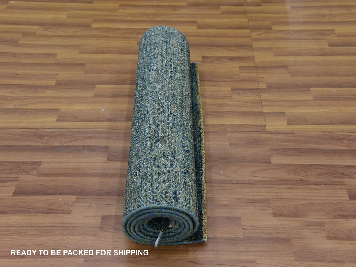 Modern / Contemporary hand-knotted wool runner in Green, 2'6" x 8'0", SKU O079670