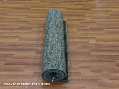Modern / Contemporary hand-knotted wool runner in Green, 2'6" x 8'0", SKU O079670