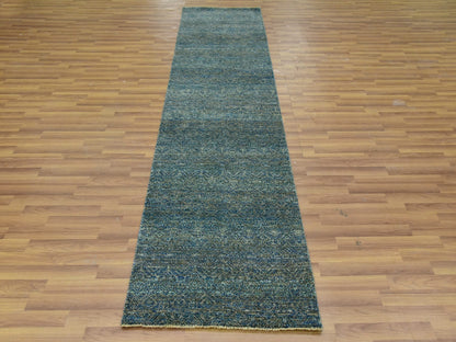 Modern / Contemporary hand-knotted wool runner in Green, 2'6" x 10'1", SKU O079671