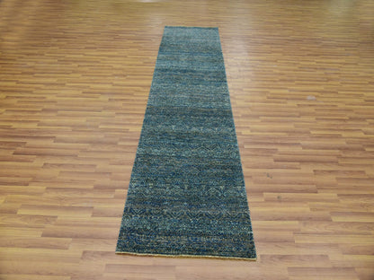 Modern / Contemporary hand-knotted wool runner in Green, 2'6" x 10'1", SKU O079672