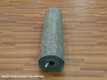Modern / Contemporary hand-knotted wool runner in Green, 2'6" x 10'1", SKU O079672
